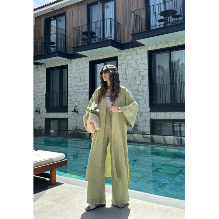 Maxi Uzun Nude Yeşili Gofre Kimono Takım