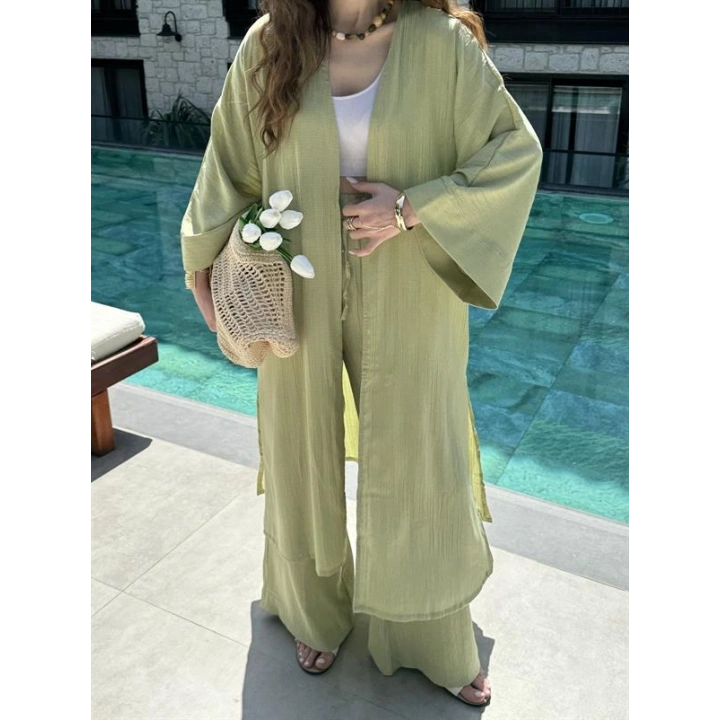 Maxi Uzun Nude Yeşili Gofre Kimono Takım