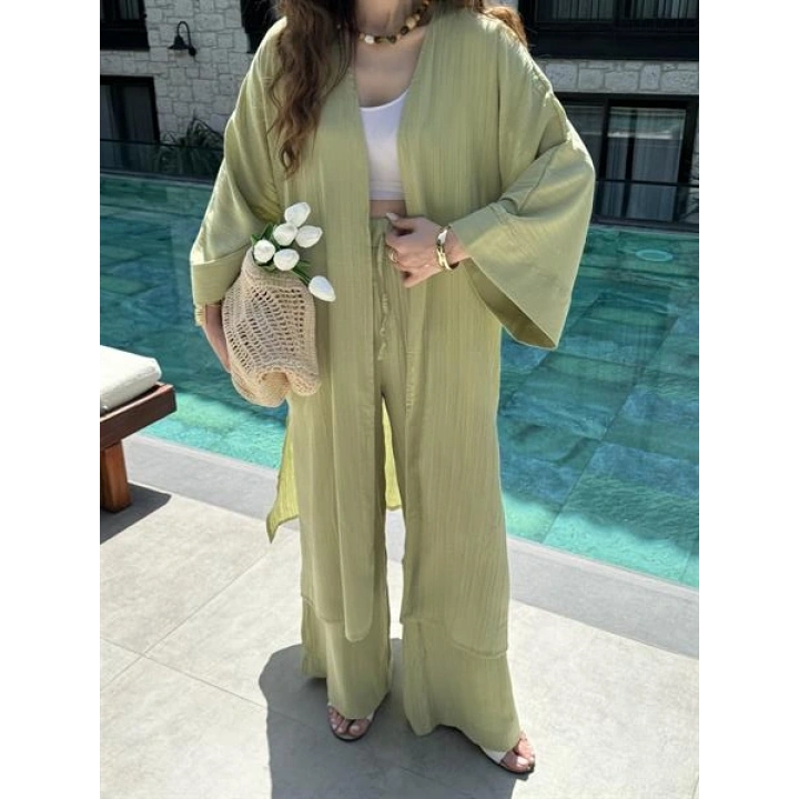 Maxi Uzun Nude Yeşili Gofre Kimono Takım