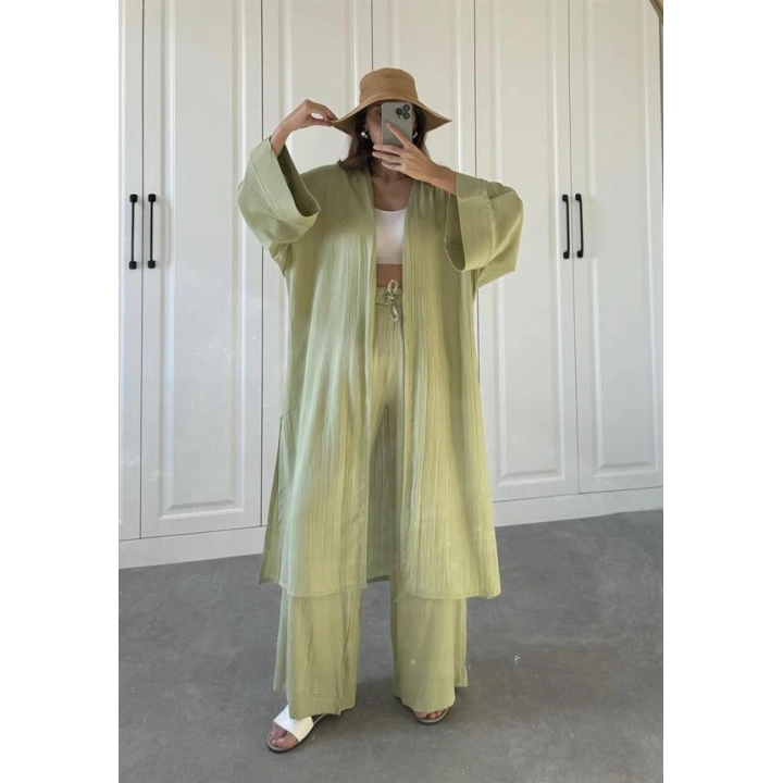 Maxi Uzun Nude Yeşili Gofre Kimono Takım