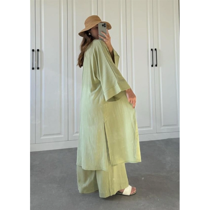 Maxi Uzun Nude Yeşili Gofre Kimono Takım