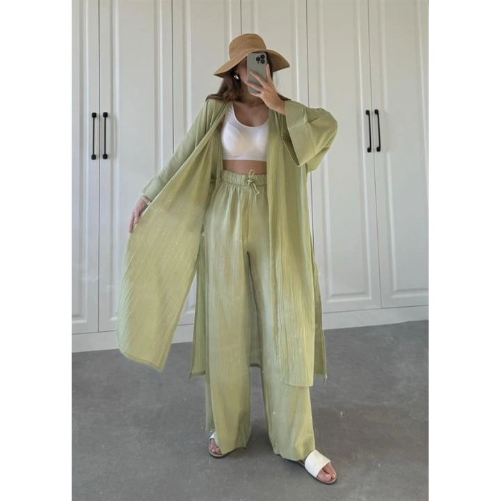 Maxi Uzun Nude Yeşili Gofre Kimono Takım