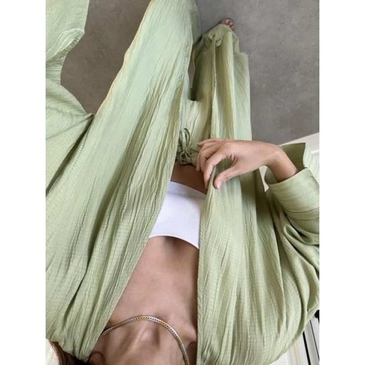 Maxi Uzun Nude Yeşili Gofre Kimono Takım