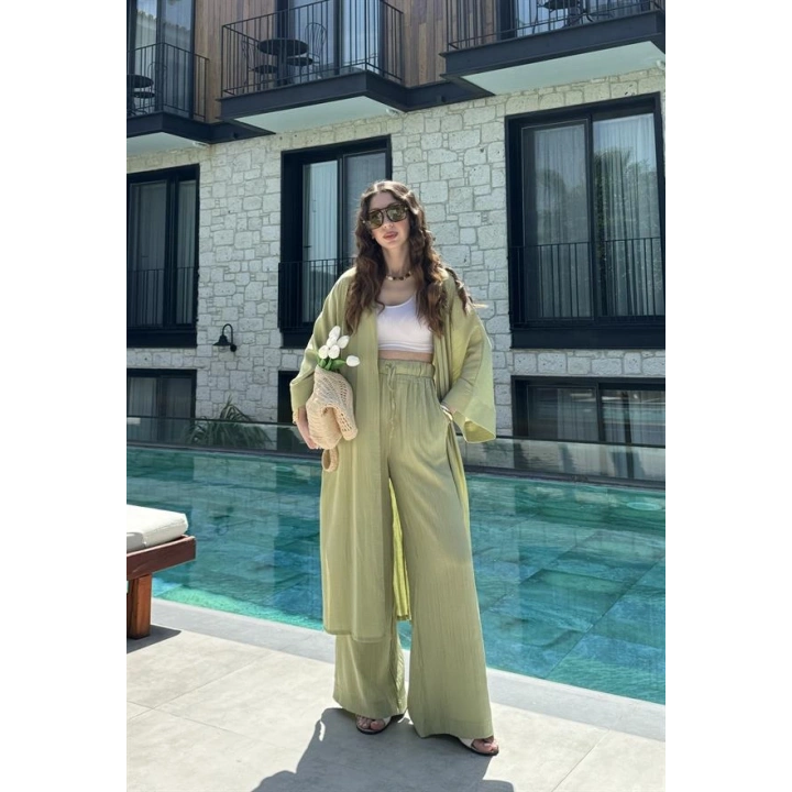 Maxi Uzun Nude Yeşili Gofre Kimono Takım