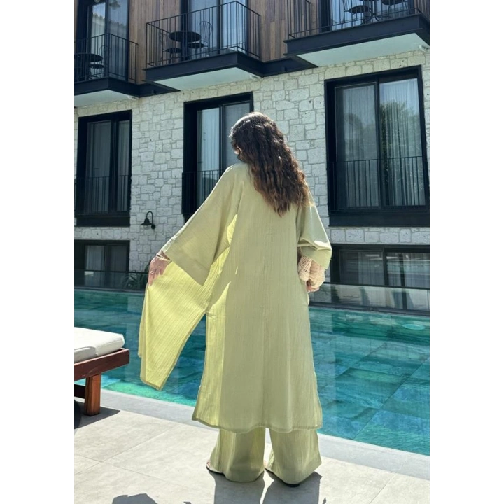 Maxi Uzun Nude Yeşili Gofre Kimono Takım