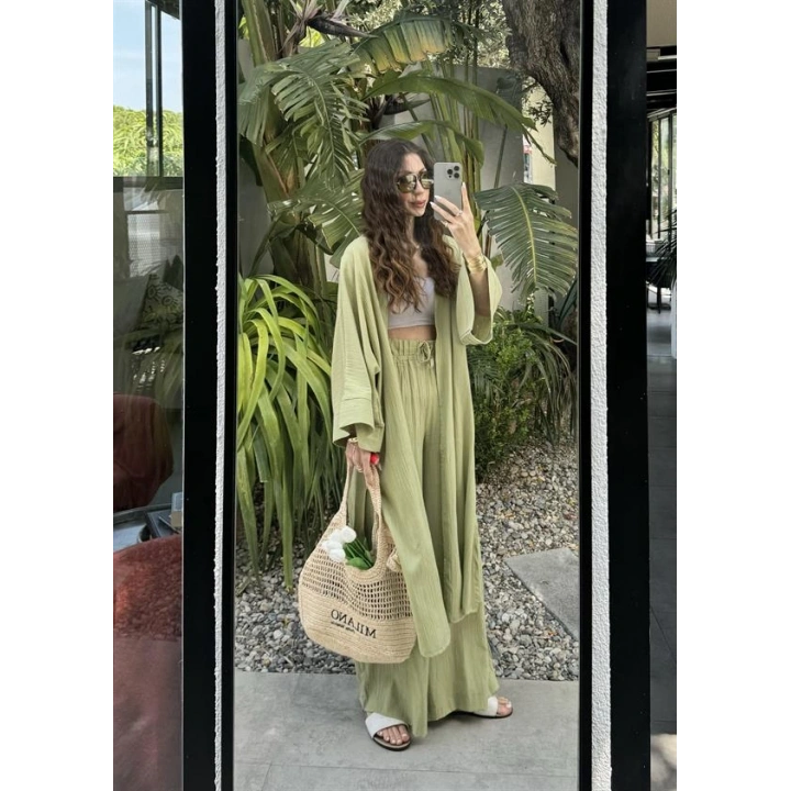 Maxi Uzun Nude Yeşili Gofre Kimono Takım