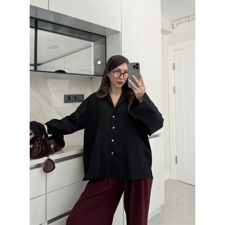 Meka Oversize Premium Siyah Gömlek