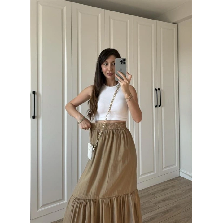 Midi Boy Şifon Astarlı Cappuccino Etek