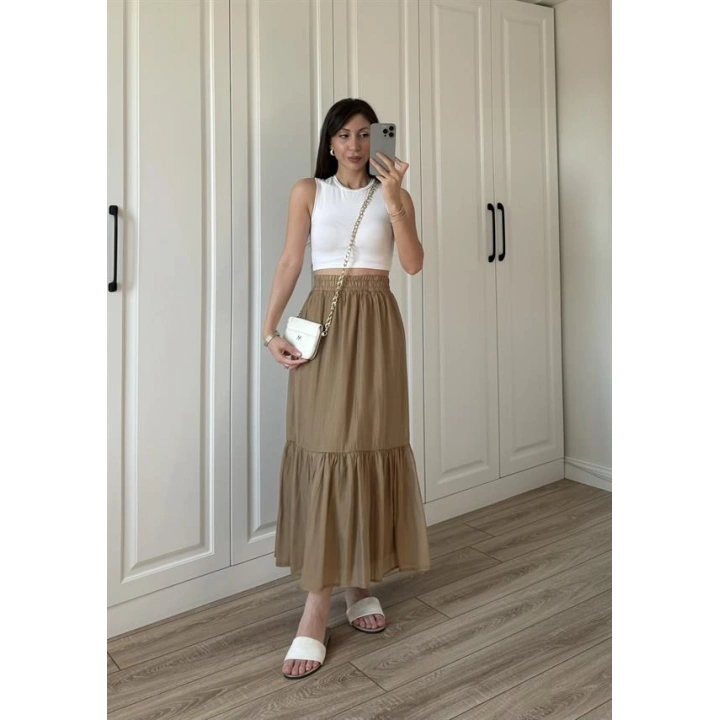 Midi Boy Şifon Astarlı Cappuccino Etek