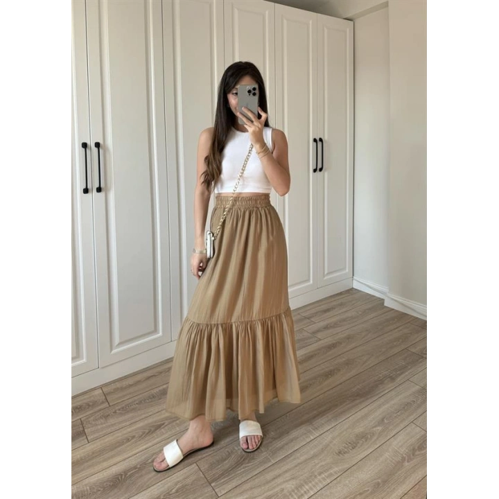 Midi Boy Şifon Astarlı Cappuccino Etek