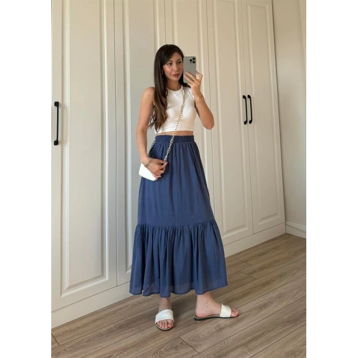 Midi Boy Şifon Astarlı Lacivert Etek
