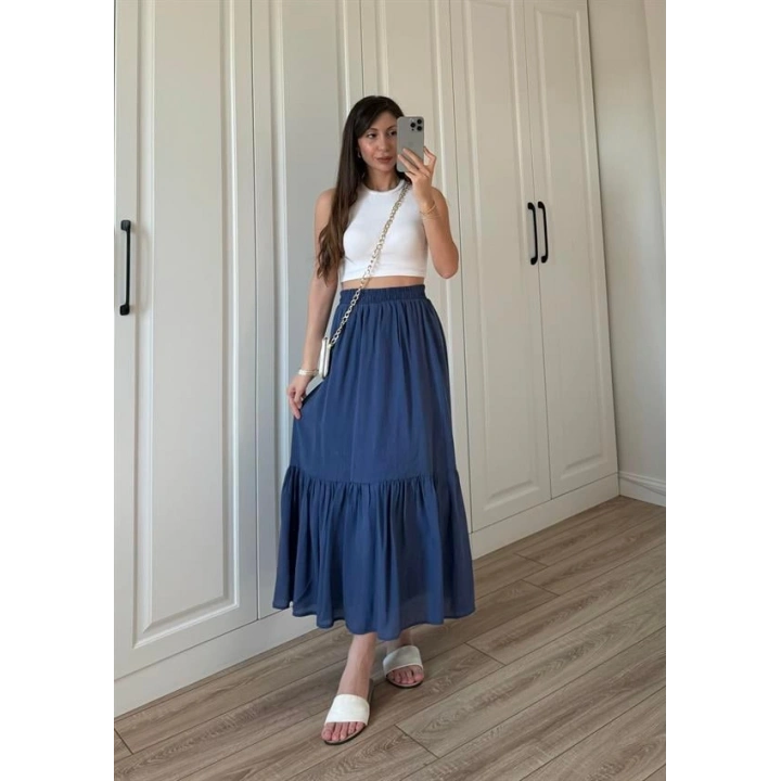 Midi Boy Şifon Astarlı Lacivert Etek