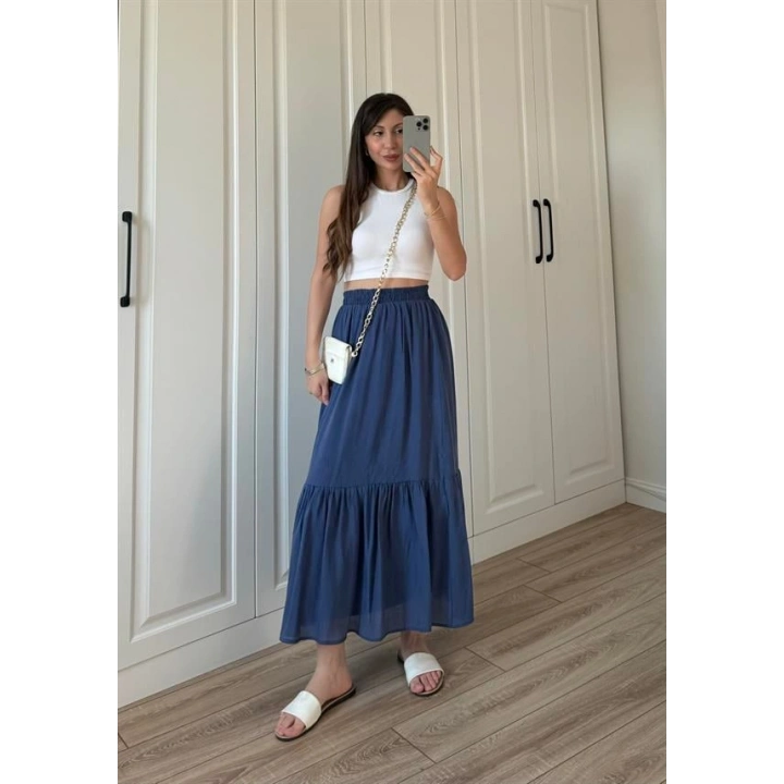 Midi Boy Şifon Astarlı Lacivert Etek