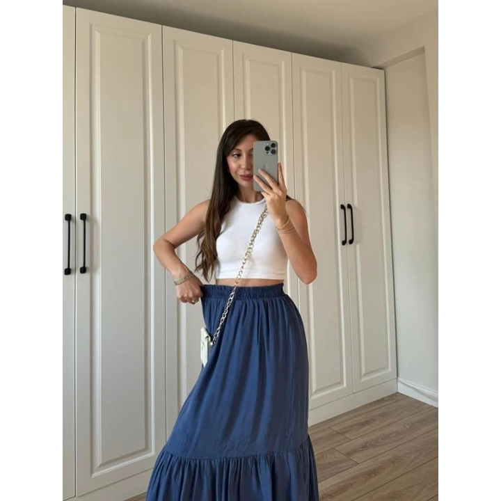 Midi Boy Şifon Astarlı Lacivert Etek