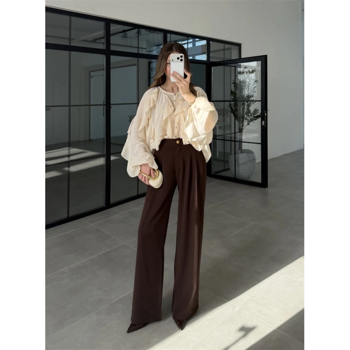 Milano Fırfırlı Ekru Tül Bluz