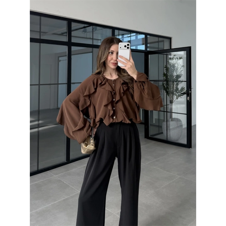 Milano Fırfırlı Kahve Tül Bluz
