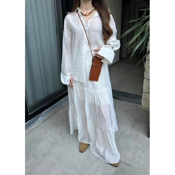 Mng Model Kırışık Beyaz Etekli Gömlek Takım