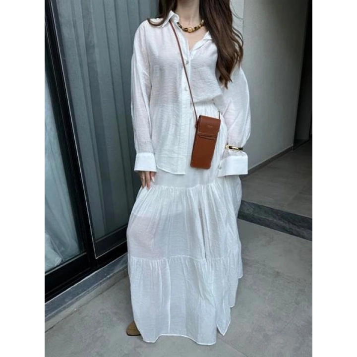 Mng Model Kırışık Beyaz Etekli Gömlek Takım