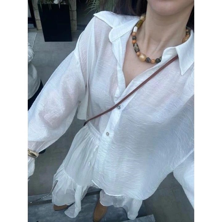 Mng Model Kırışık Beyaz Etekli Gömlek Takım