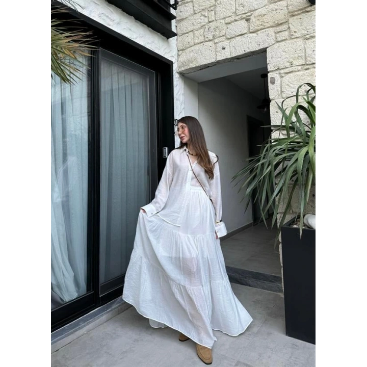 Mng Model Kırışık Beyaz Etekli Gömlek Takım