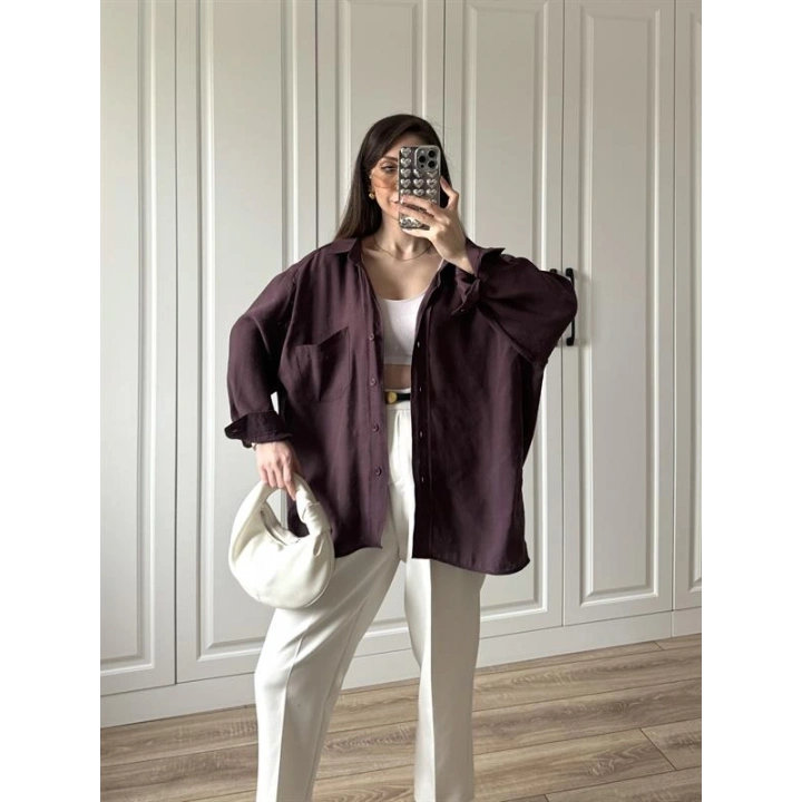 Mürdüm Oversize Tensel Gömlek