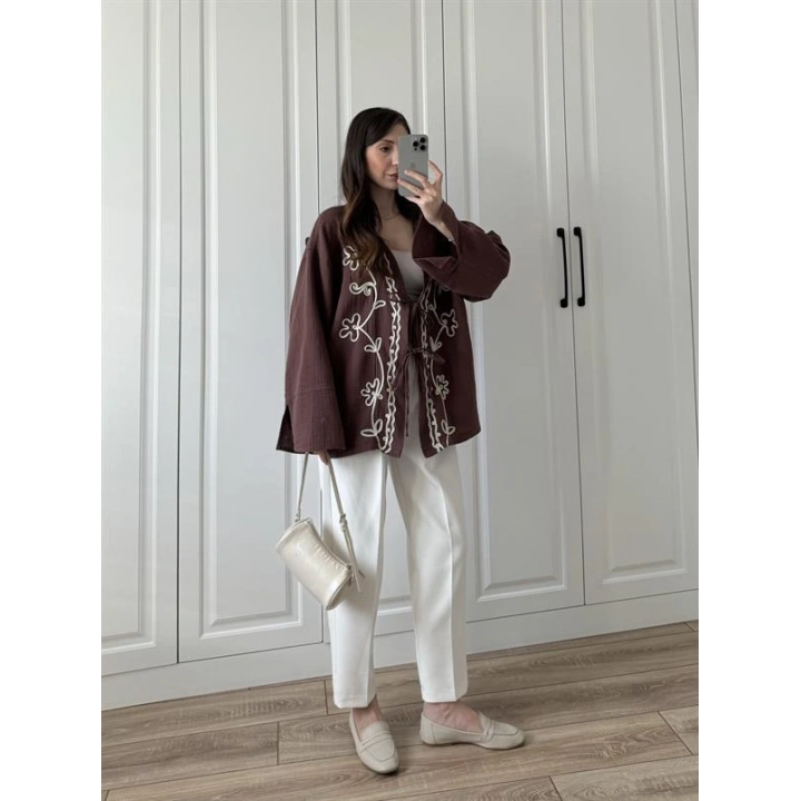 Müslin Kumaş Kahve Nakışlı Kimono