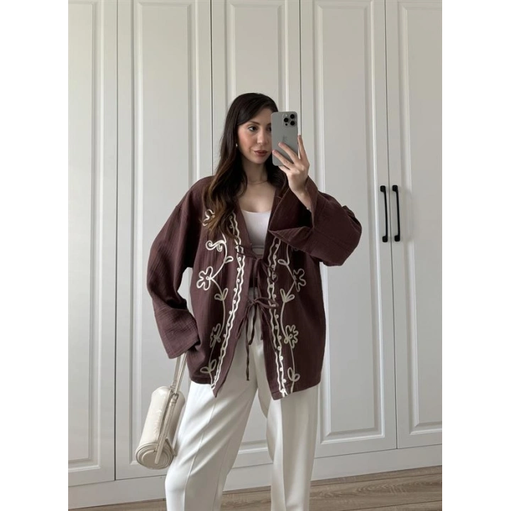 Müslin Kumaş Kahve Nakışlı Kimono