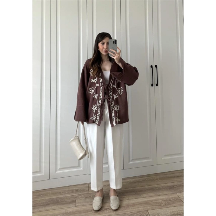 Müslin Kumaş Kahve Nakışlı Kimono