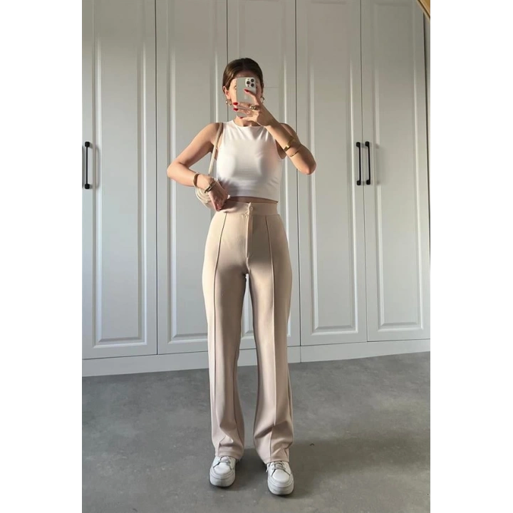 Nervür Dikişli Likralı Yüksekbel Taş Pantolon