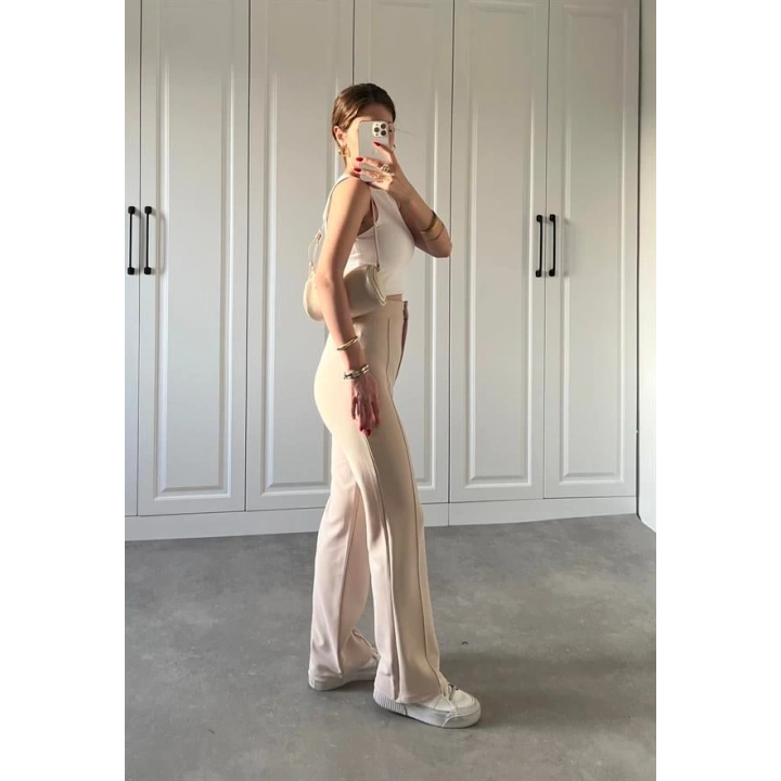 Nervür Dikişli Likralı Yüksekbel Taş Pantolon