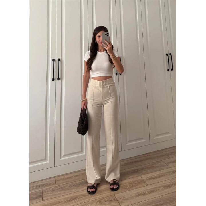 Nervür Dikişli Yükselbel Keten Pantolon