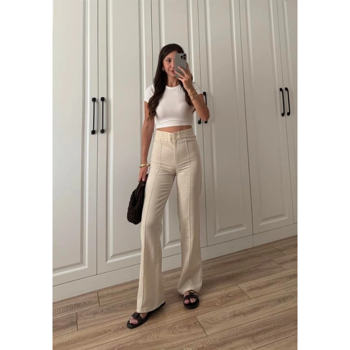 Nervür Dikişli Yükselbel Keten Pantolon