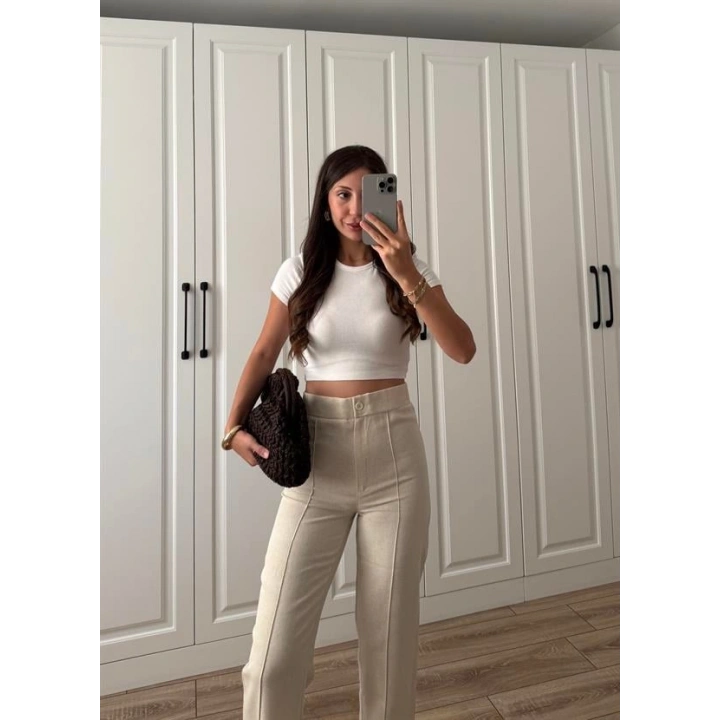 Nervür Dikişli Yükselbel Keten Pantolon