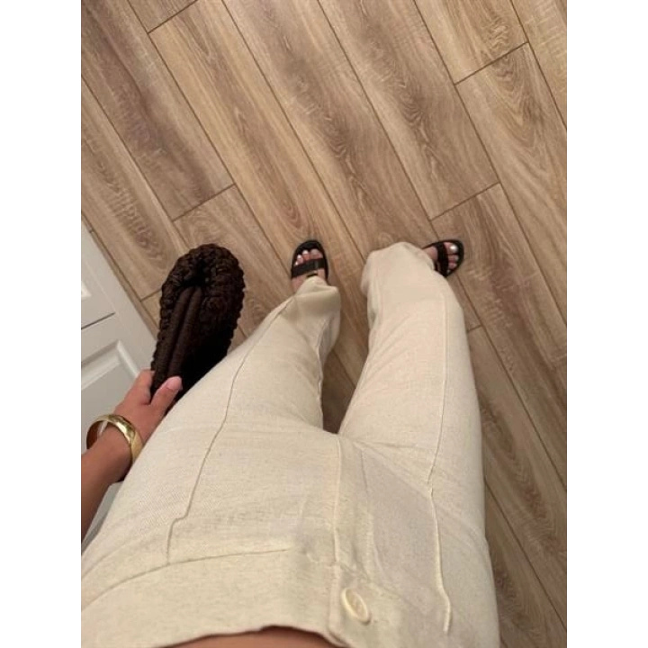 Nervür Dikişli Yükselbel Keten Pantolon