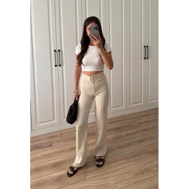 Nervür Dikişli Yükselbel Keten Pantolon