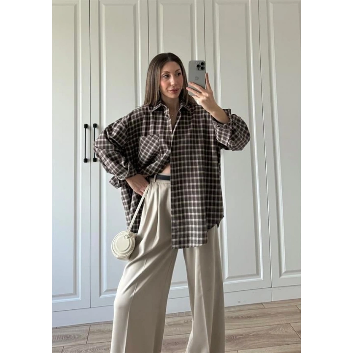 Noble Oversize Acı Kahve Kare Ekose Gömlek