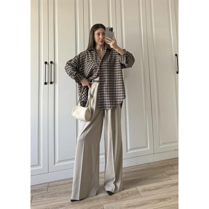 Noble Oversize Acı Kahve Kare Ekose Gömlek