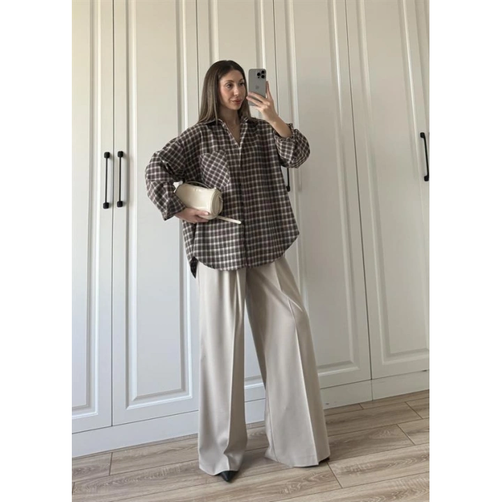 Noble Oversize Acı Kahve Kare Ekose Gömlek