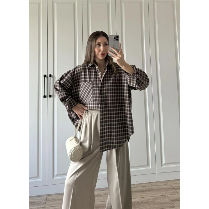 Noble Oversize Acı Kahve Kare Ekose Gömlek