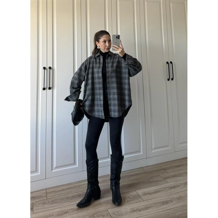 Noble Oversize Antrasit Ekose Gömlek