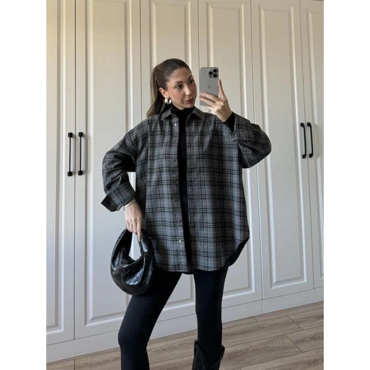 Noble Oversize Antrasit Ekose Gömlek