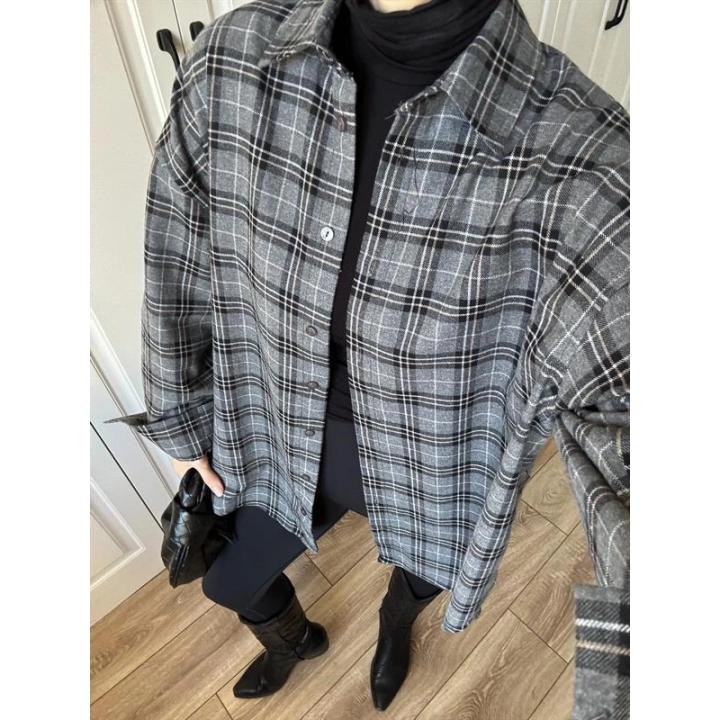 Noble Oversize Antrasit Ekose Gömlek