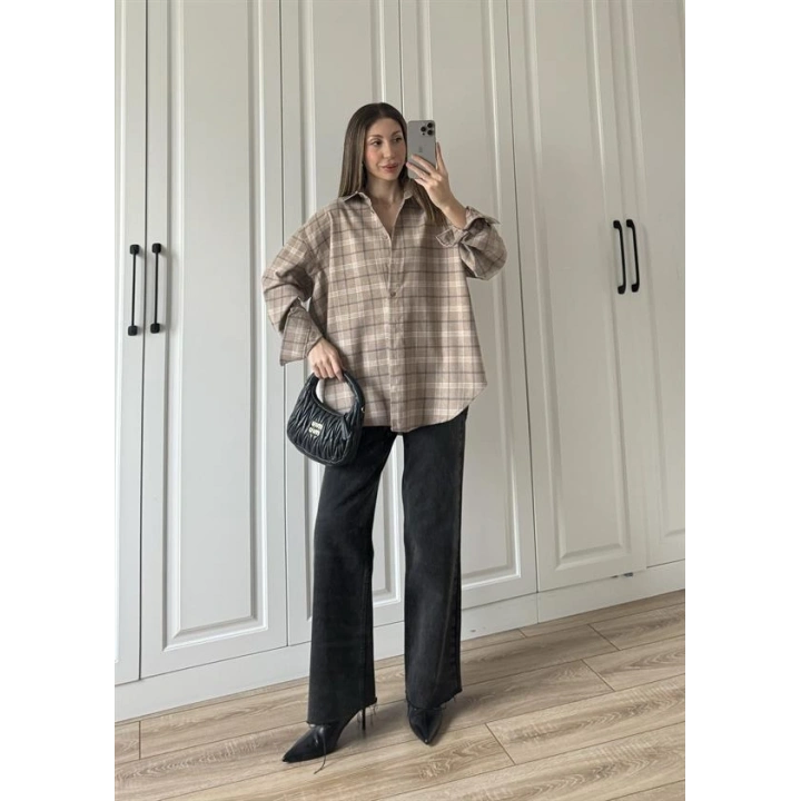 Noble Oversize Bej Ekose Gömlek