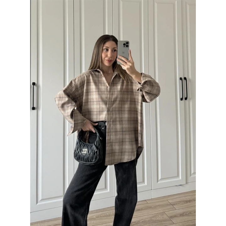 Noble Oversize Bej Ekose Gömlek