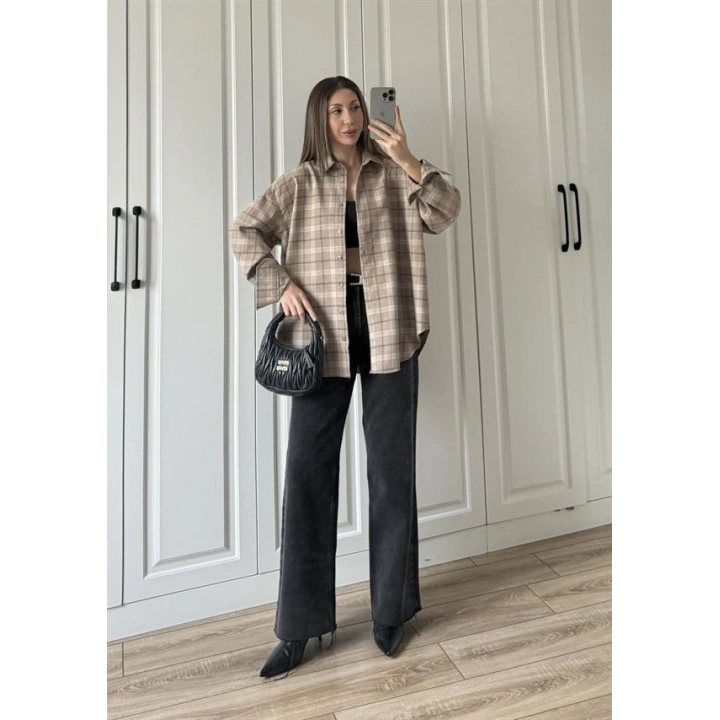 Noble Oversize Bej Ekose Gömlek