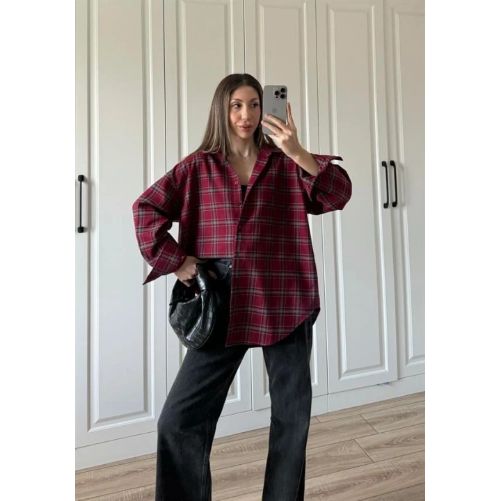 Noble Oversize Bordo Ekose Gömlek