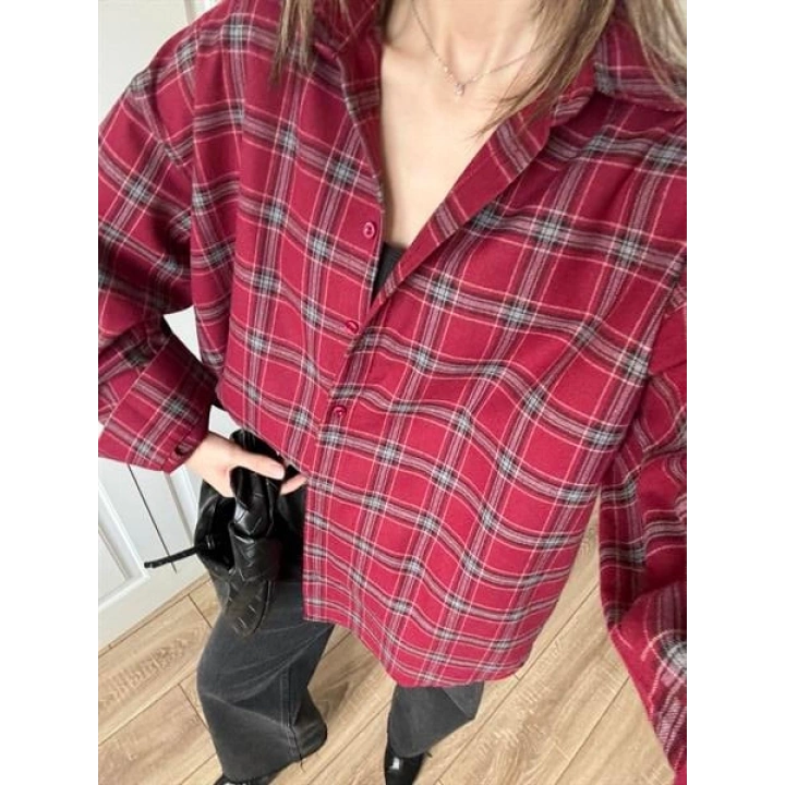 Noble Oversize Bordo Ekose Gömlek