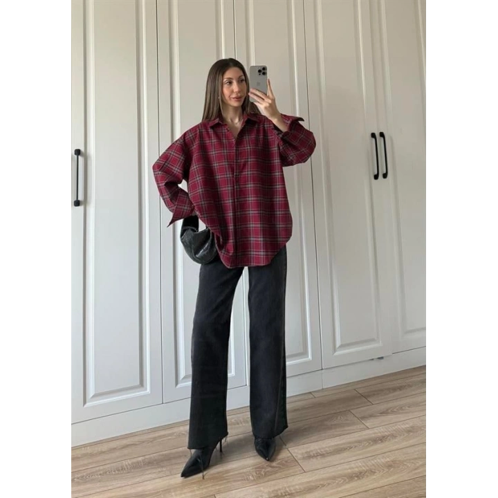 Noble Oversize Bordo Ekose Gömlek