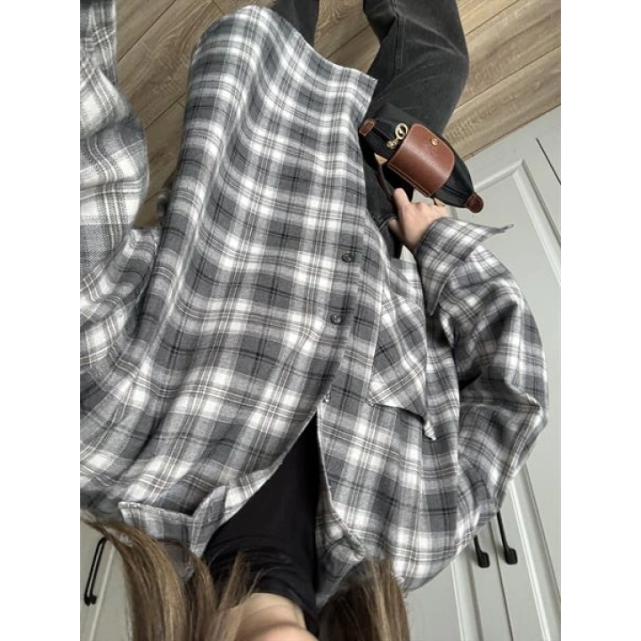 Noble Oversize Gri Ekose Gömlek