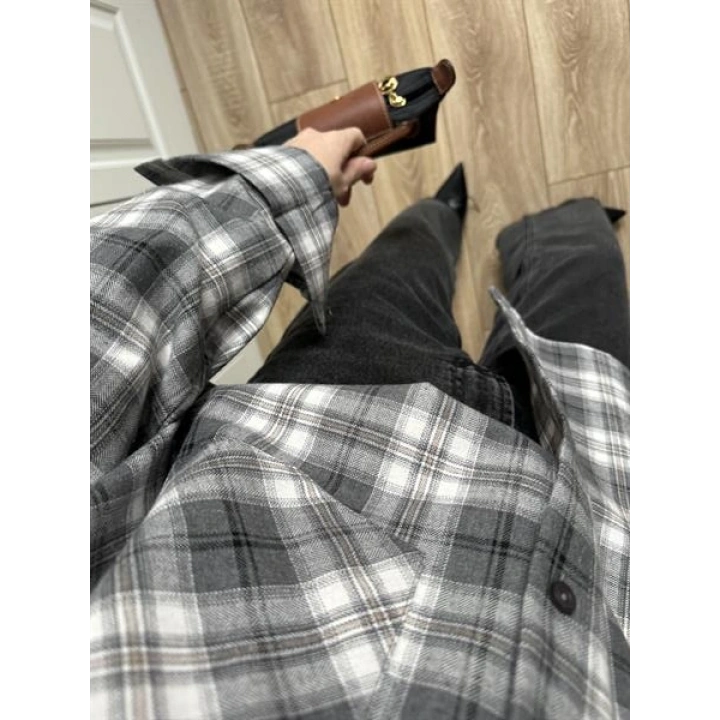 Noble Oversize Gri Ekose Gömlek